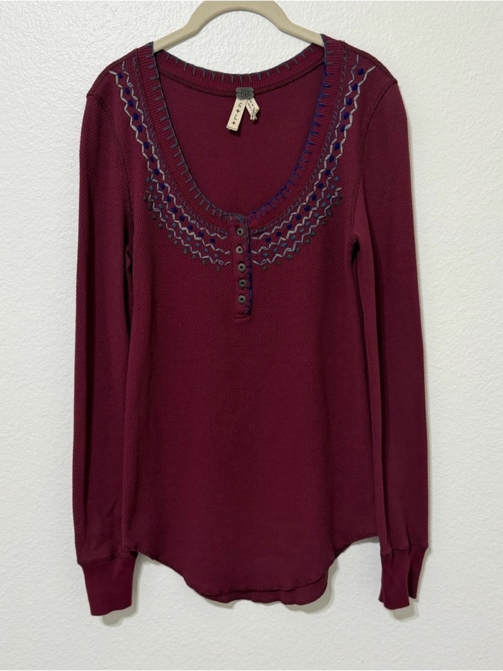 Free People Thermal Henley Top Women’s Large Maroon Waffle Long Sleeve Shirt